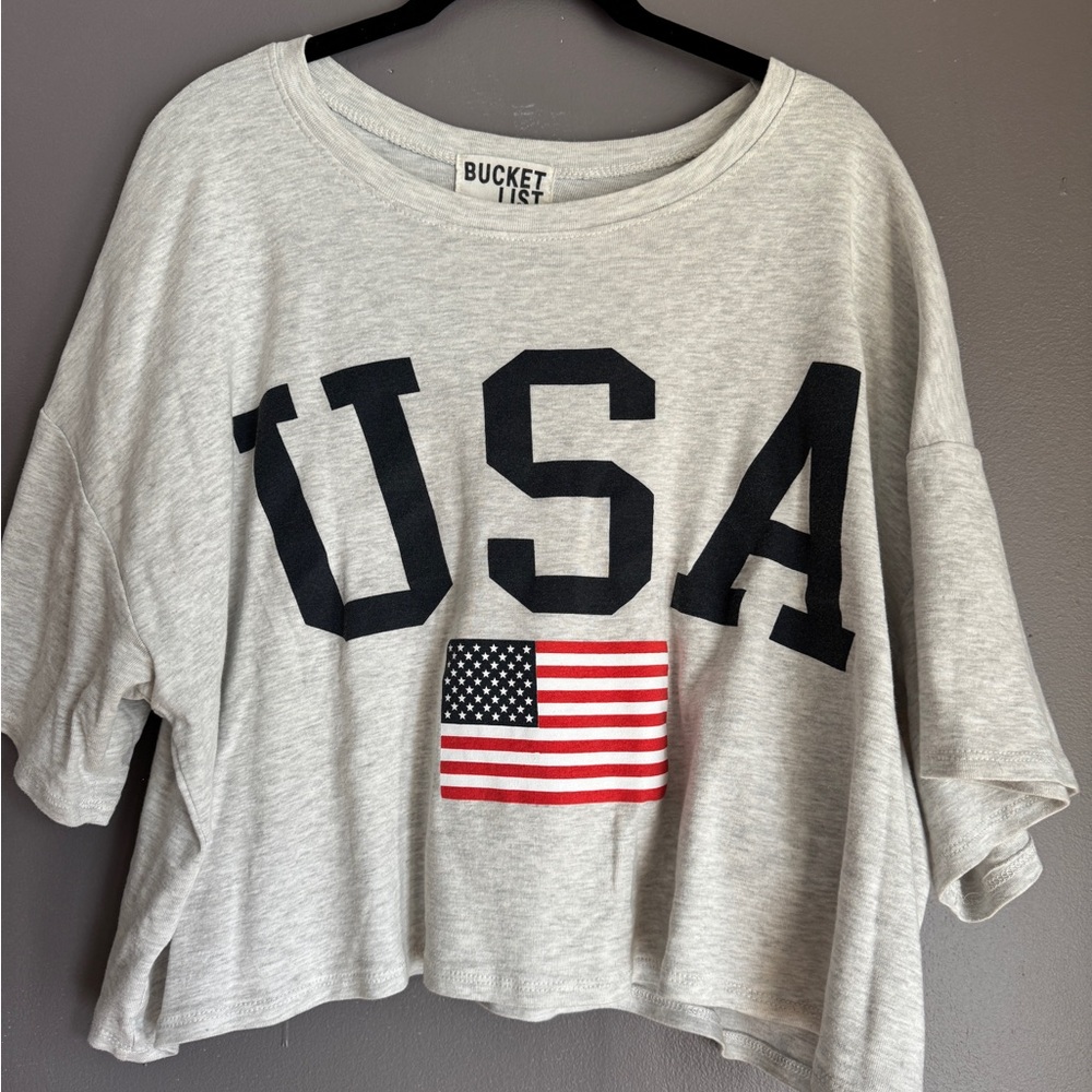 Gray USA Flag Oversized Crop Tee